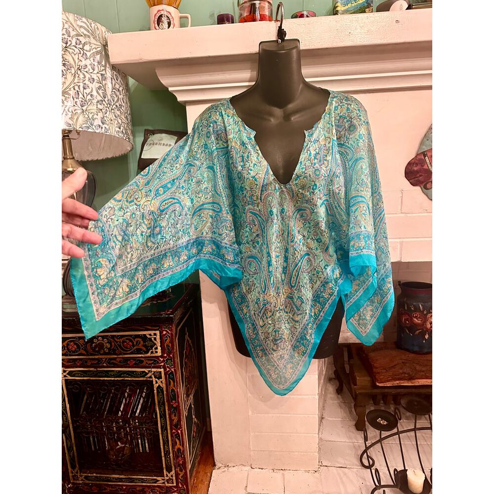 NWT BOHO SILK PAISLEY ASYMMETRICAL HANDKERCHIEF BLOUSE TURQUOISE PRINT